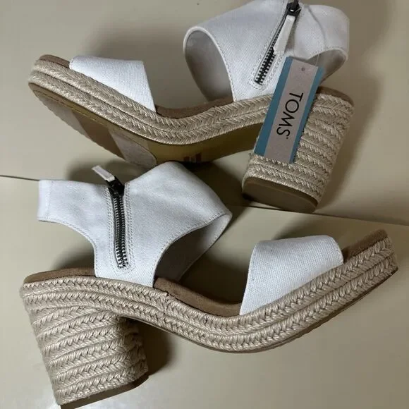Toms Majorca Platform Espadrille Casual Block Heel Sandals White Canvas Sz 10 - Picture 1 of 12